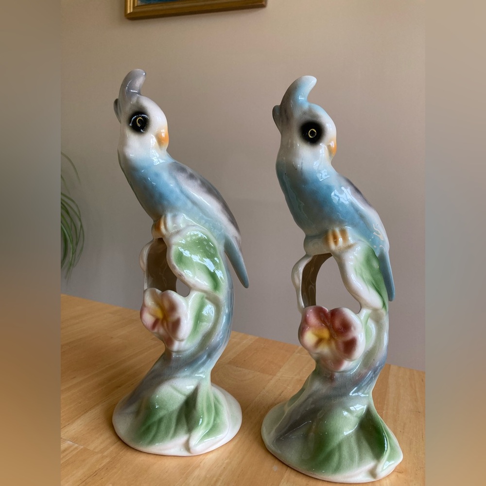 MCM Clay Sketches of Pasadena set of 2 blue cockatiel vases